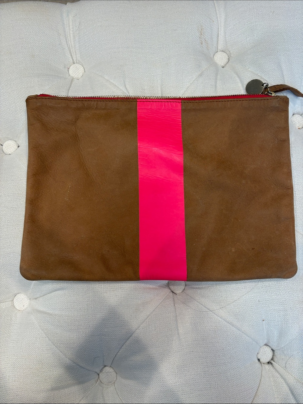 Brown leather Clutch with Pink Center Stripe